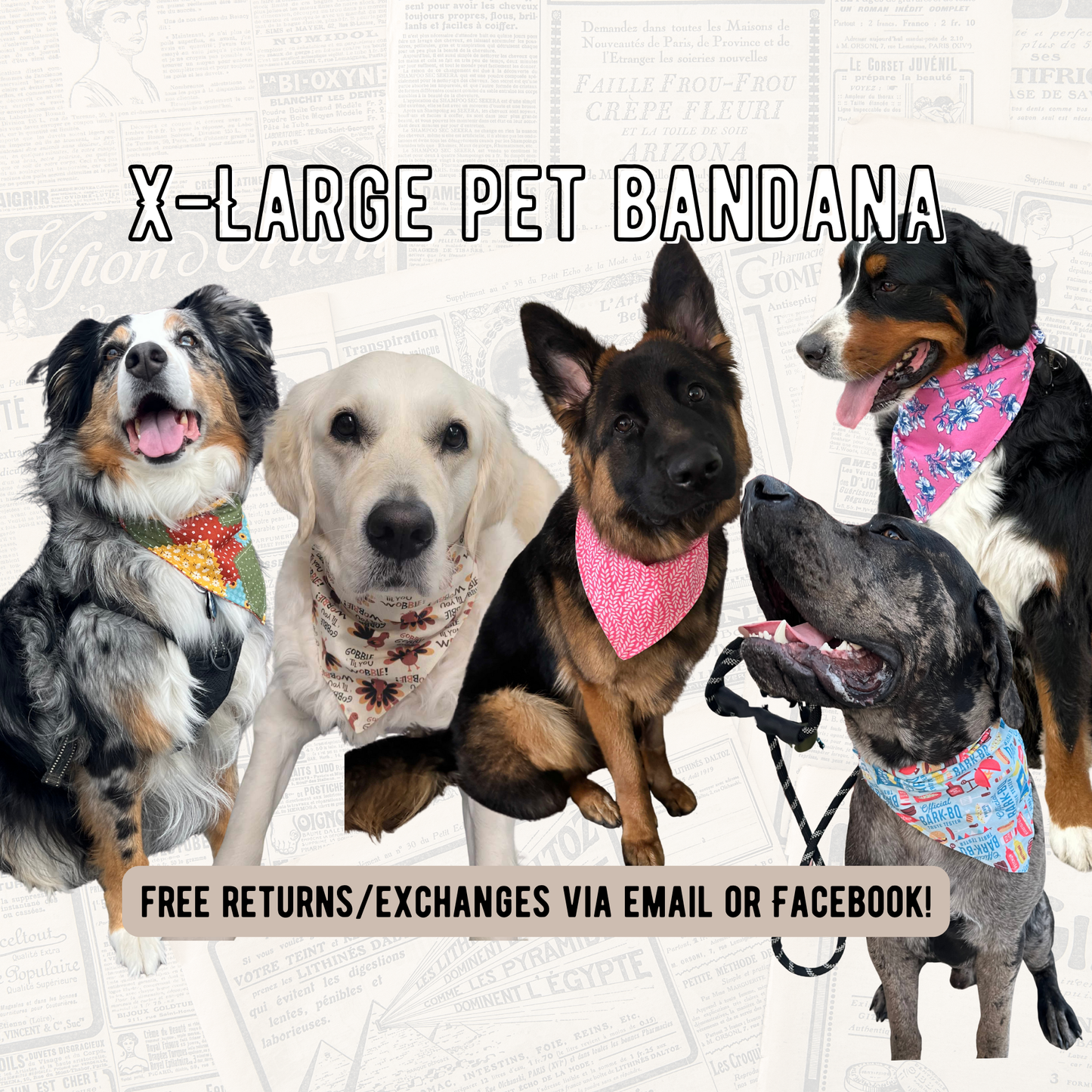 Collage of dogs wearing xl colorful bandanas with promotional text about free returns/exchanges.