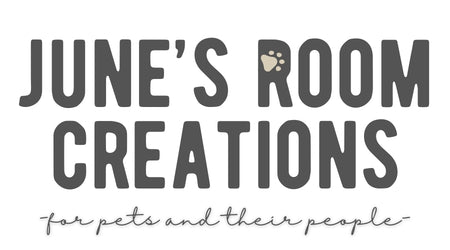 Logo for 'June's Room Creations' with text 'for pets and their people' on a white background.