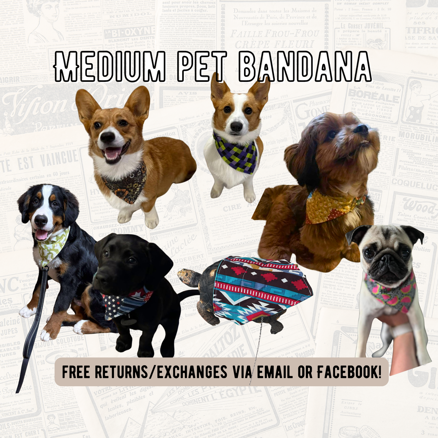 Collage of dogs wearing medium pet bandanas on a newspaper background.