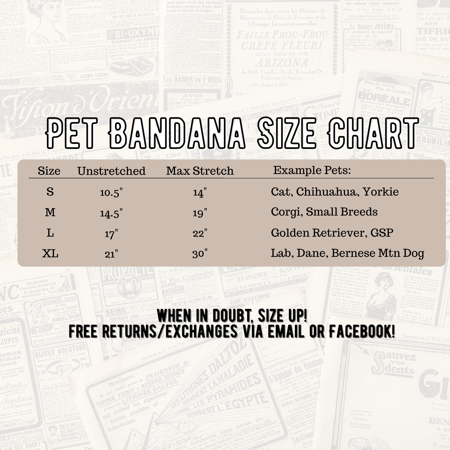 Pet bandana size chart with dimensions and examples of pets on a textured background