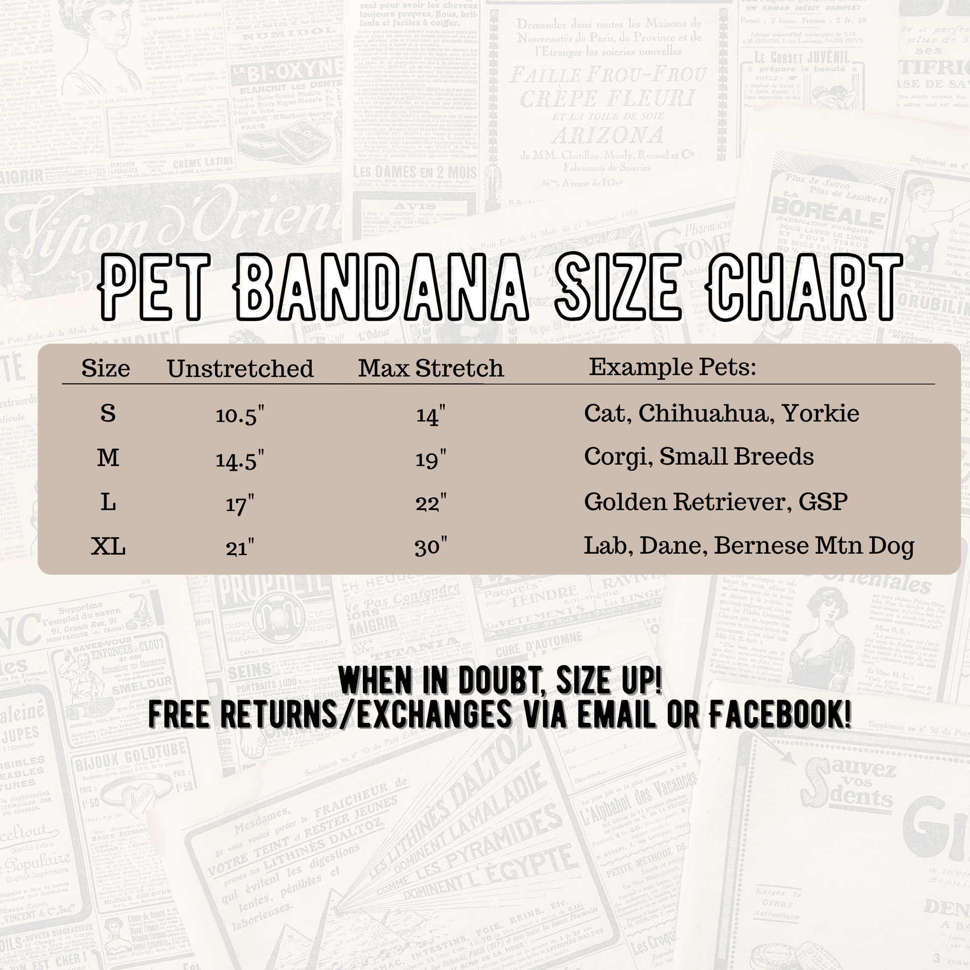 Pet bandana size chart with dimensions and examples of pets on a textured background