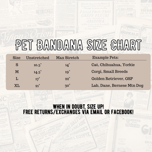 Pet bandana size chart with dimensions and examples of pets on a textured background