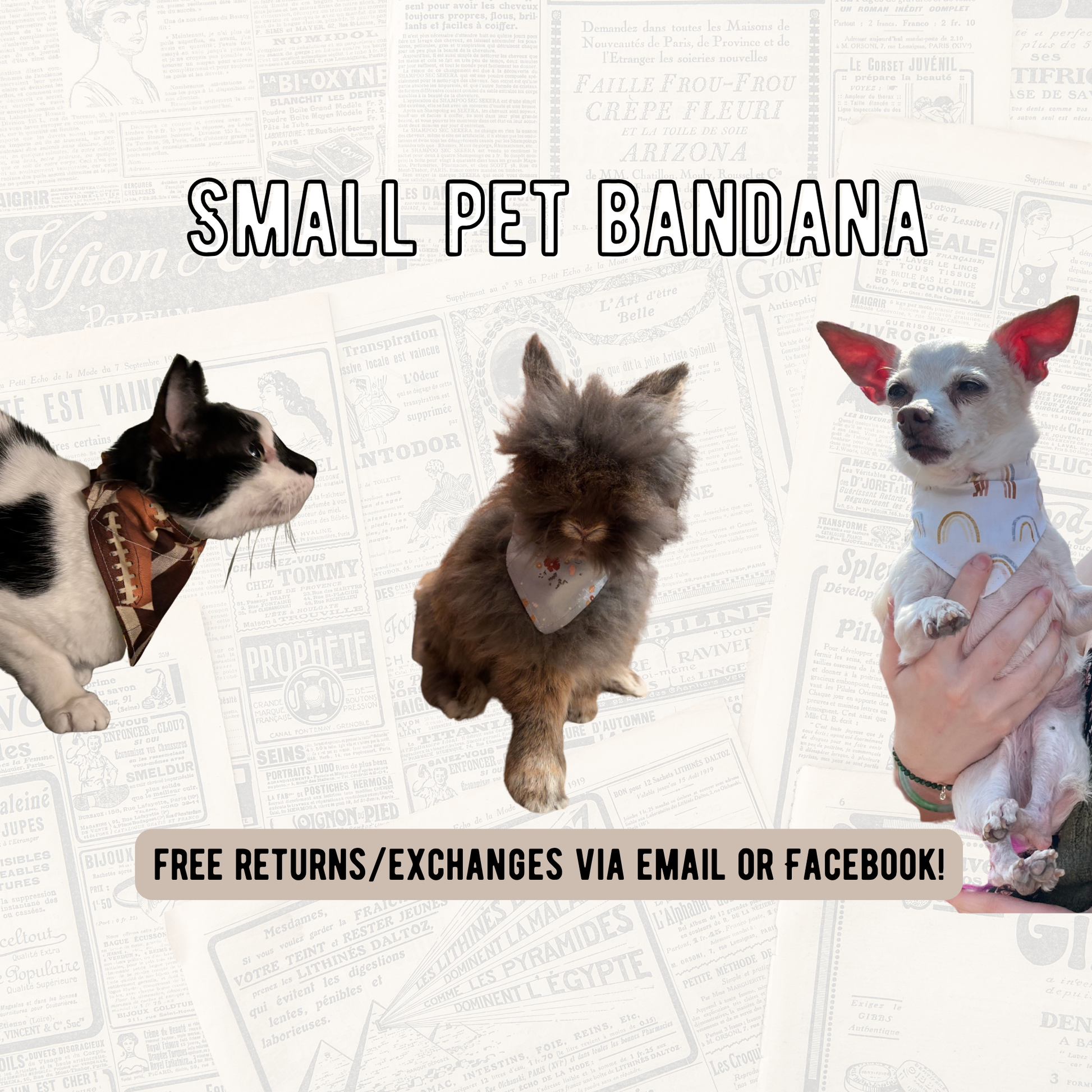 Small pet bandanas on a cat, chihuahua, and bunny on a white background with text about returns/exchanges.